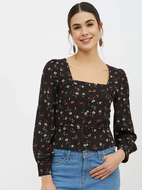 Casual Regular Sleeves Printed Women Black Top (Size L)