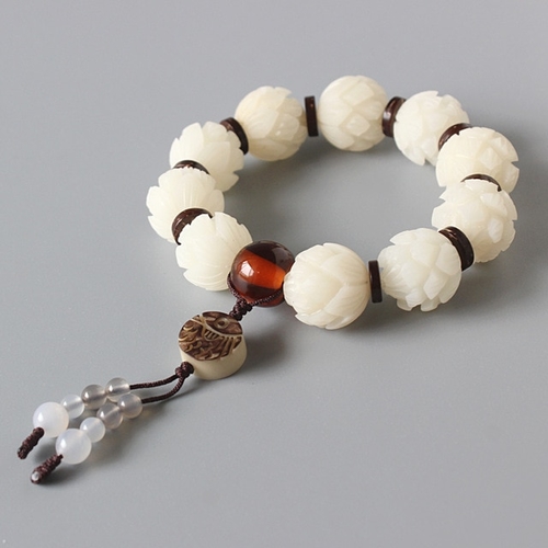 White Bodhi Seed Carved Lotus Flower Beads Stretch