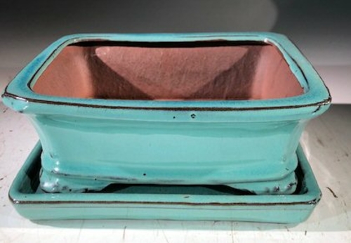 Light Blue Ceramic Bonsai Pot - RectangleWith Humidity Drip Tray7" x