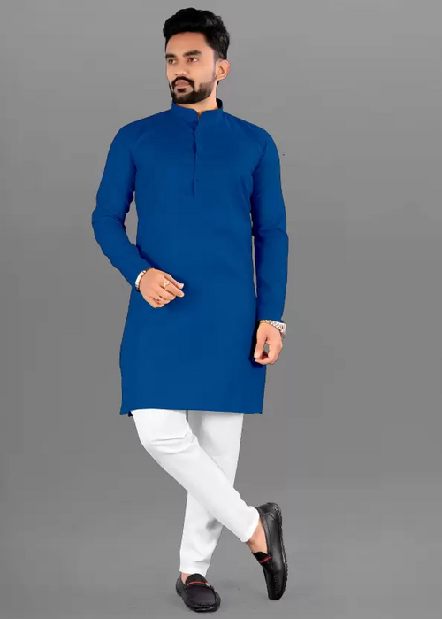 Men Solid Cotton Blend Straight Kurta  (Dark Blue) (Size UK 40)