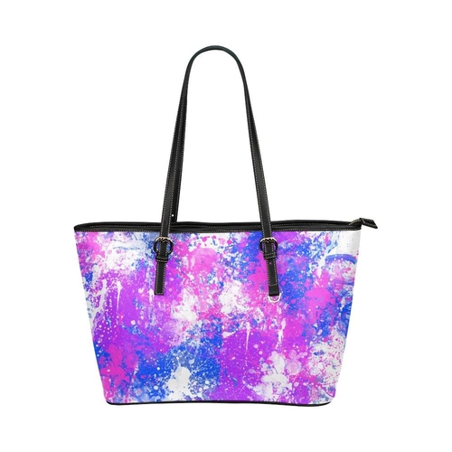 Large Leather Tote Shoulder Bag - Purple Paint Splatter Handbag