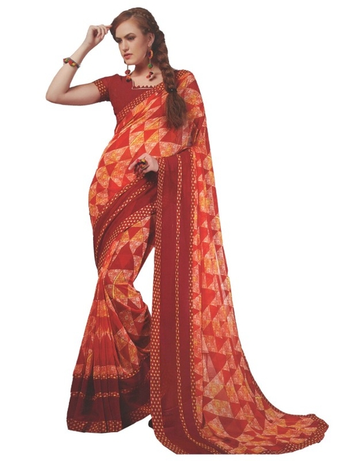 Georgette Digital Printed Saree With Blouse Red