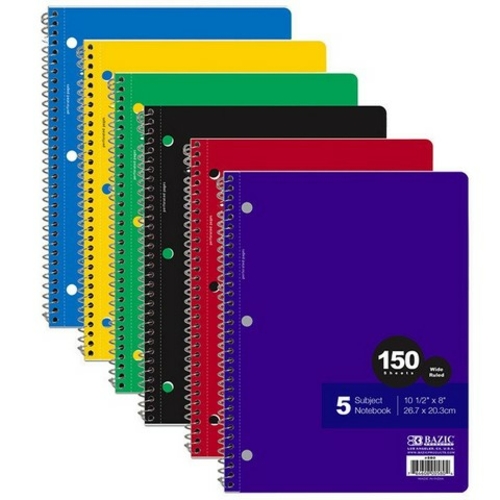 DDI 313148 BAZIC 5 Subject Wide Ruled Spiral Notebook - 24 Count  150 