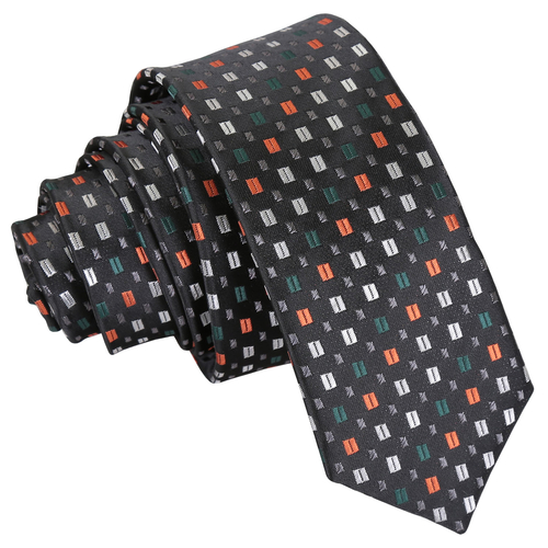 Bohemian Geometric Skinny Tie - Black with Silver and Orange