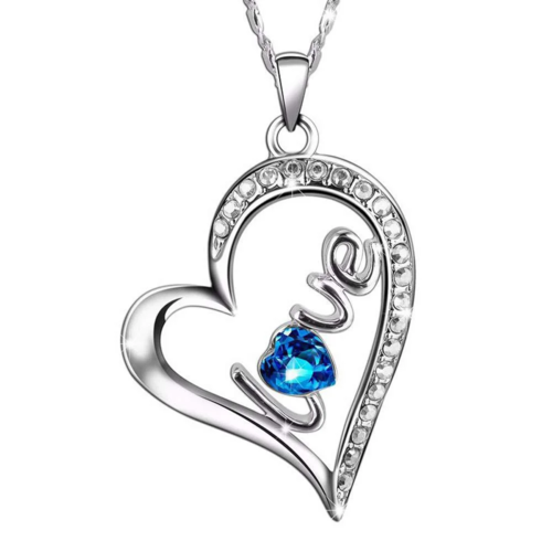 Austrian Crystal Sapphire LOVE Pave Heart Necklace