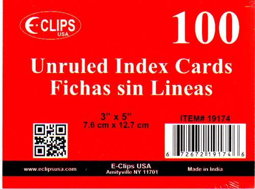 Index Cards - Unruled - 3" x 5" - 100 ct