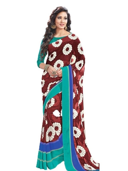 Georgette Digital Saree With Blouse-Brown