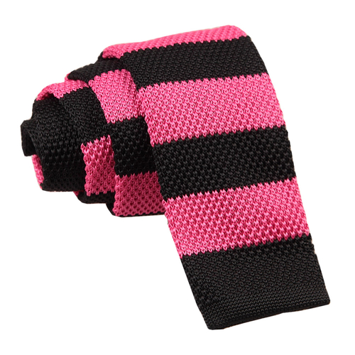 Knitted Striped Skinny Tie - Hot Pink & Black