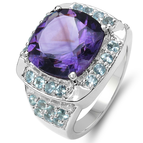6.77 Carat Genuine Amethyst & Blue Topaz .925 Sterling Silver Ring