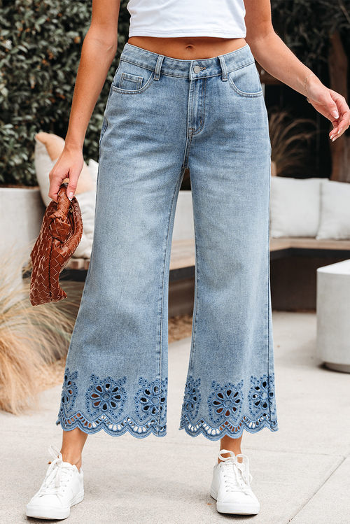 Main Solid Denim Embroidered Wide Leg Jeans image