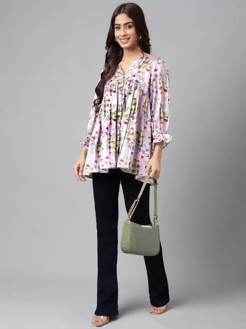 Casual Puff Sleeves Printed Women Multicolor Top (Size M)