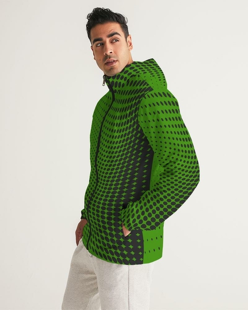 Mens Hooded Windbreaker - Green Polka Dot Water Resistant Jacket