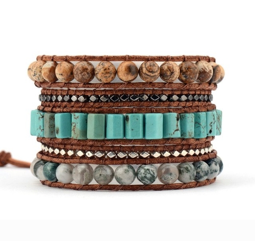 Unique Mixed Natural Stones 5 Layered Leather Wrap