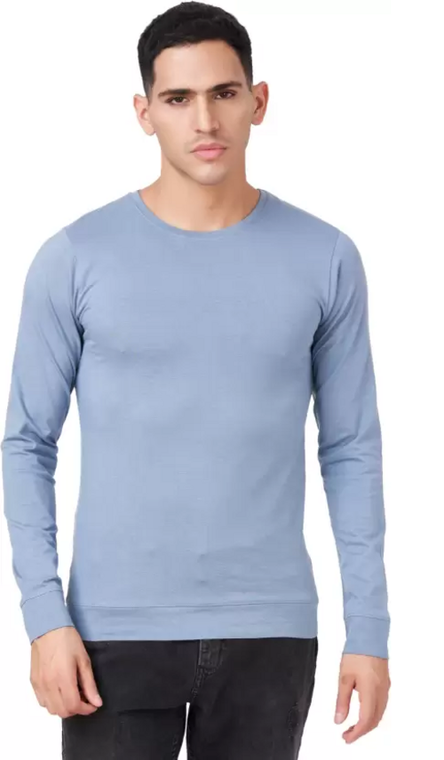 Men Solid Full Sleeves Round Neck Cotton Light Blue T-Shirt (Size L)