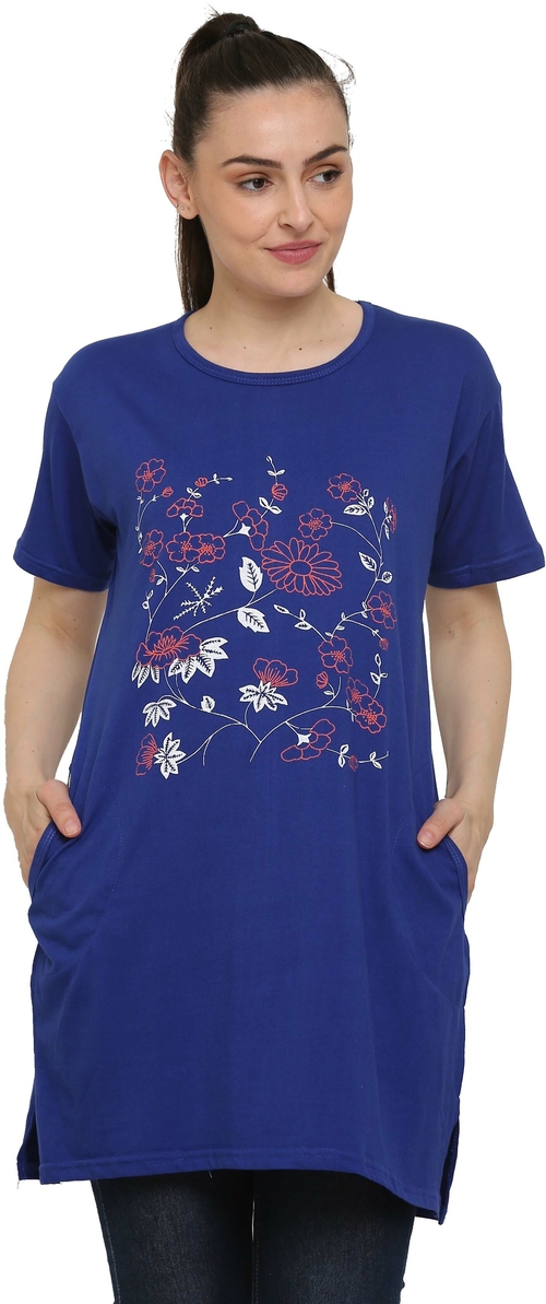Women Two Pocket  Round Neck Cotton Printed Long Tshirt (Size-L)