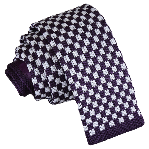 Check Knitted Skinny Tie - White & Purple