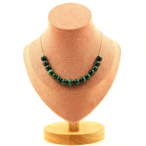 Green Tiger Eye 8 mm 15 beads necklace stainless steel chain