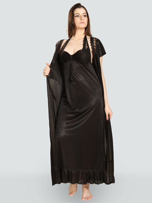 Romaisa Women's Satin Solid Black Maxi Length Nighty with Robe