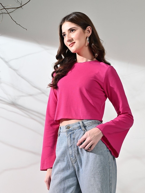Women Bell Sleeves Casual Cropped Top (Color Pink) (Size M)