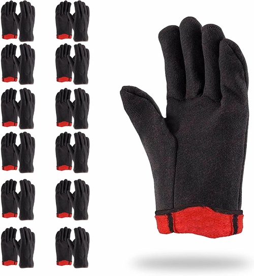 12 Pack Red Fleece Lined Brown Jersey Gloves 14oz Men's size. Reusable