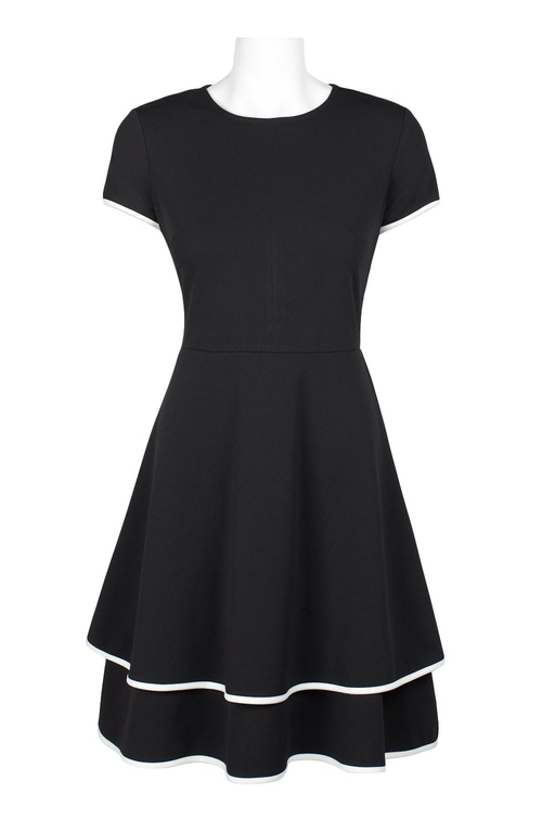 Sharagano Crew Neck Short Sleeve A-Line Tiered Zipper Back Stretch