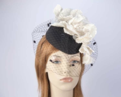 Black cream felt pillbox with flower and veiling for winter racing 