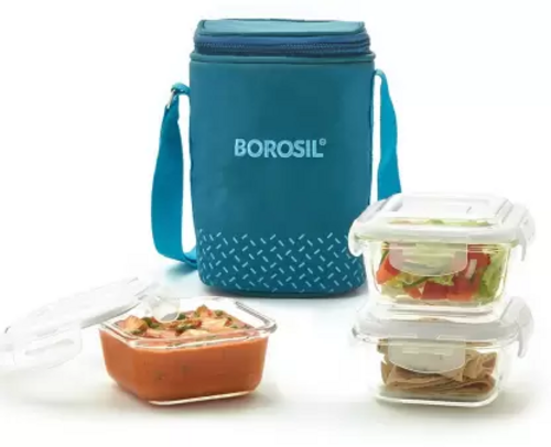 Teal Lunch Box with Bag, 3 Pc (320 ml x 3 Square), Glass Office Tiifin