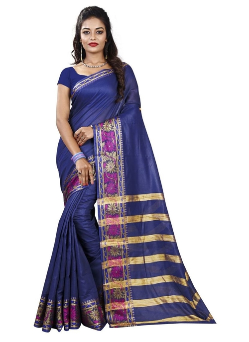 Generic Women's Cotton Silk Saree(Navy Blue, 5.5-6