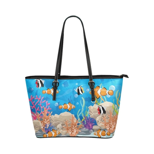 Large Leather Tote Shoulder Bag - Coral Reef Sea Life Multicolor