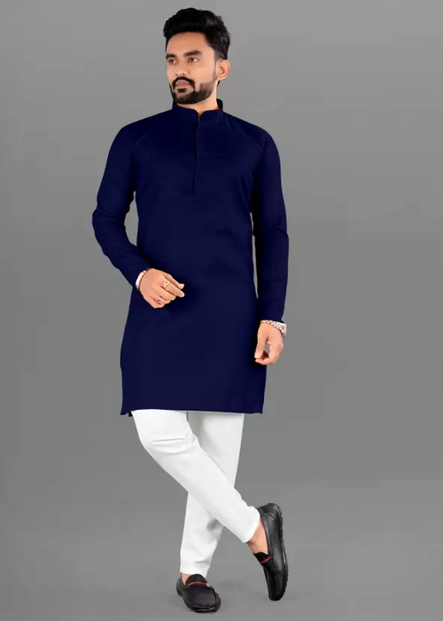 Men Solid Cotton Blend Straight Kurta  (Navy Blue) (Size UK 40)
