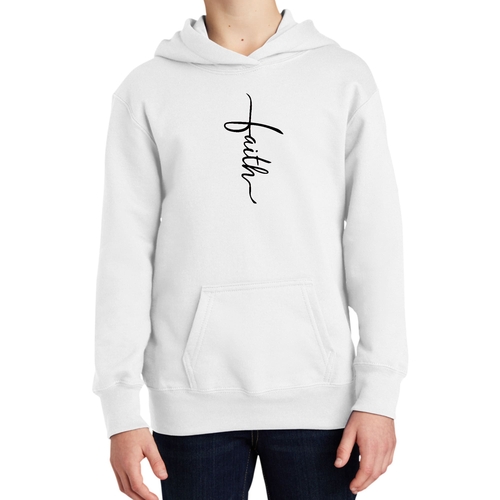 Youth Long Sleeve Hoodie Faith Script Cross Black Illustration