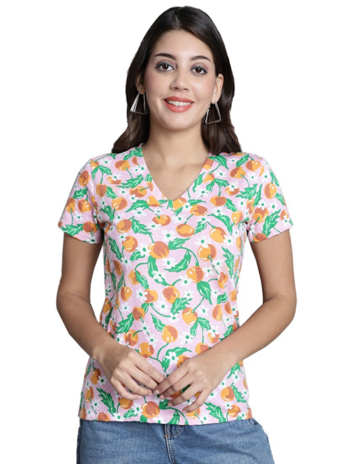 Women's All Over Print V Neck T-Shirt(SizeS)(ColorPink)