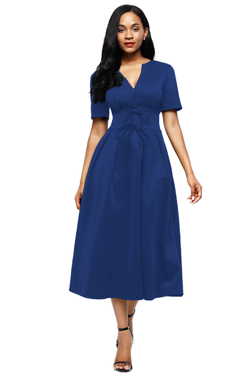 Blue Split Neck Short Sleeve Midi Dress with Bowknots