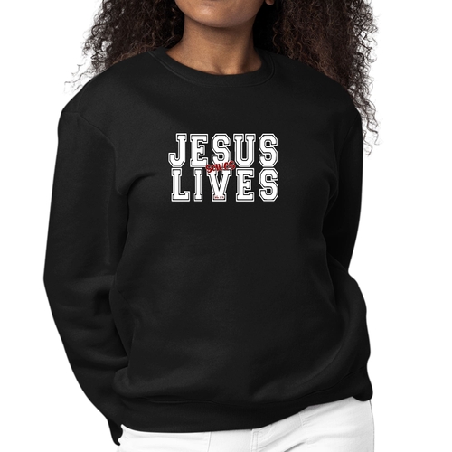 Womens Graphic Sweatshirt Jesus Saves Lives White Red Illustration