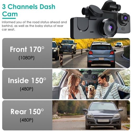 3 Channel Dash Cam Front Inside Rear Vehicle Driving Recorder Car DVR