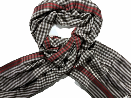 Hand Loomed Brown Wool And Silk Blend Check Scarf