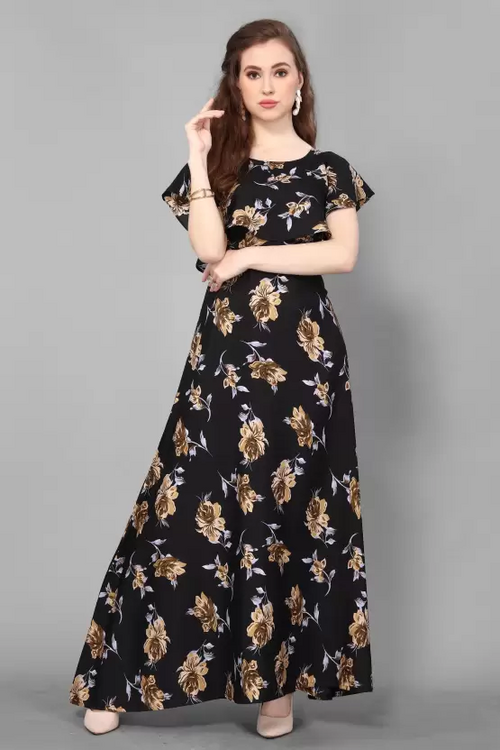 Women's Printed Crepe Stitched Anarkali Gown (Black) (Size S)