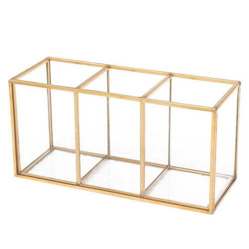 Tabletop Horizontal Type 3 Compartments Pen Container Glass Brush