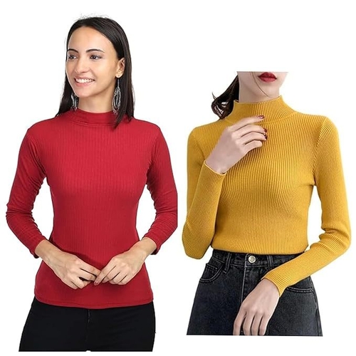 MULTICOLOR Round Neck Full Length Fullsleeve Ribbed Tops for Women