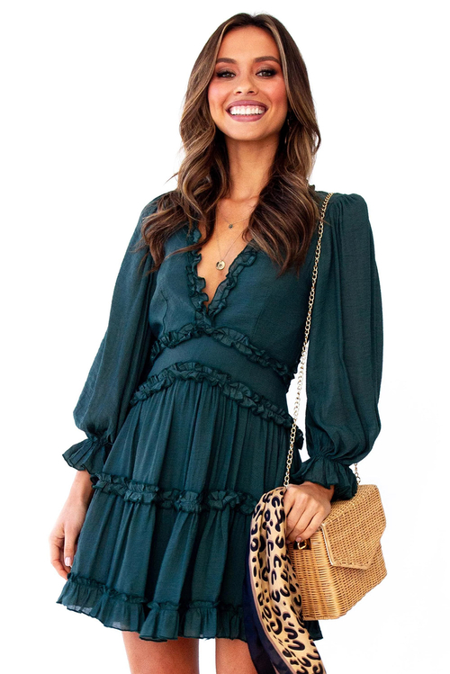 Green V Neck Ruffle Detailing Open Back Dress