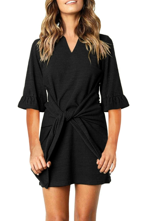 Black V Neck Ruffled Sleeves Waist Tie Mini Dress