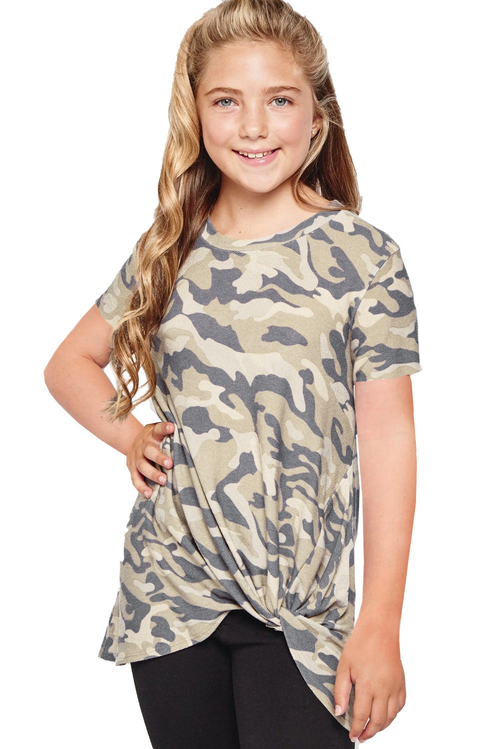 Green Camouflage Print Twist Girls Tee