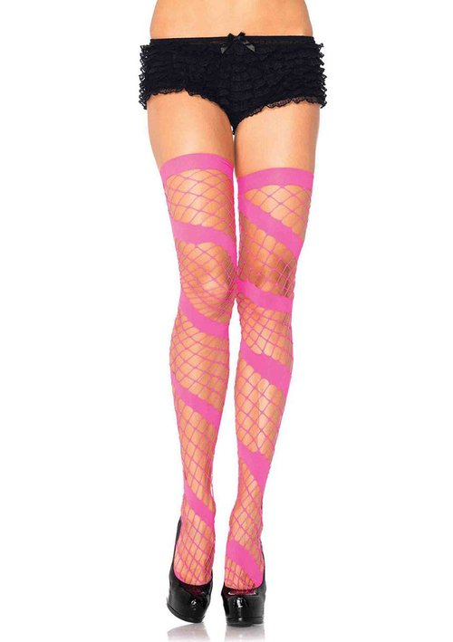 Swirl Diamond Net Thigh Highs - One Size - Neon Pink