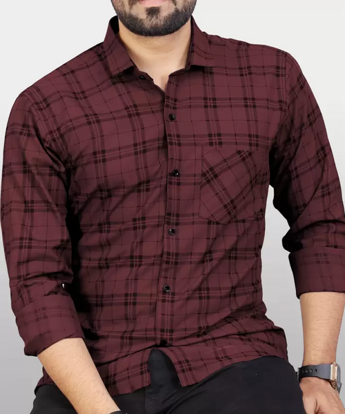 Men Regular Fit Checkered Spread Collar Casual Shirt Maroon (Size S)