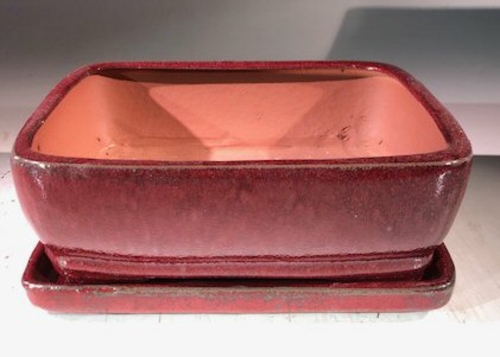 Parisian Red Ceramic Bonsai Pot -RectangleWith Humidity Drip Tray6" x