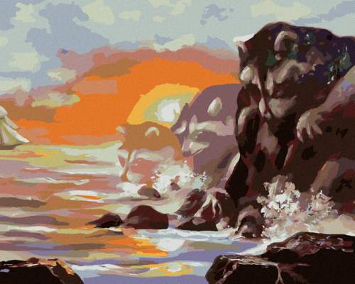 Zuty - Paint by Numbers - SAILING BOAT, RACCOON, ROCKS, SEA AND SUNSET