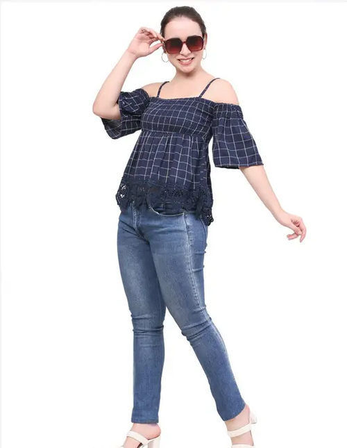 Women Checked Off Shoulder Navy Blue Top