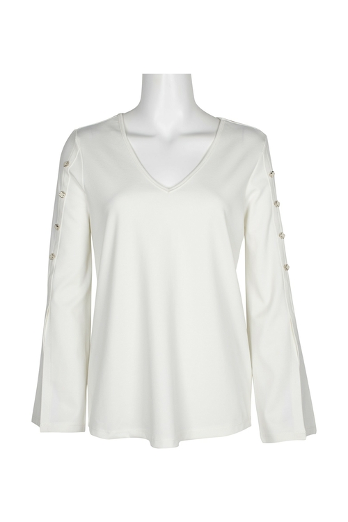 Melissa Paige V-Neck Long Sleeve Shoulder Detail Solid Rayon Top