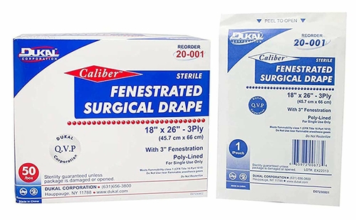 Dukal Case of 50 Drape Sheets 3-Ply 18" x 26". Fenestrated Sterile