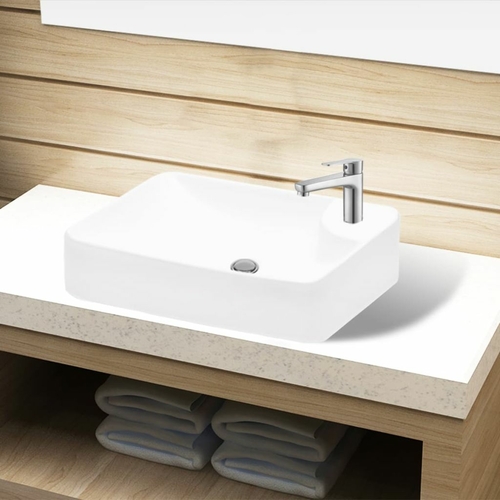 Bathroom Sink Basin with Faucet Hole Ceramic White